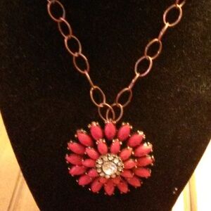 Handmade Bronze metal necklace with red flower like pendant